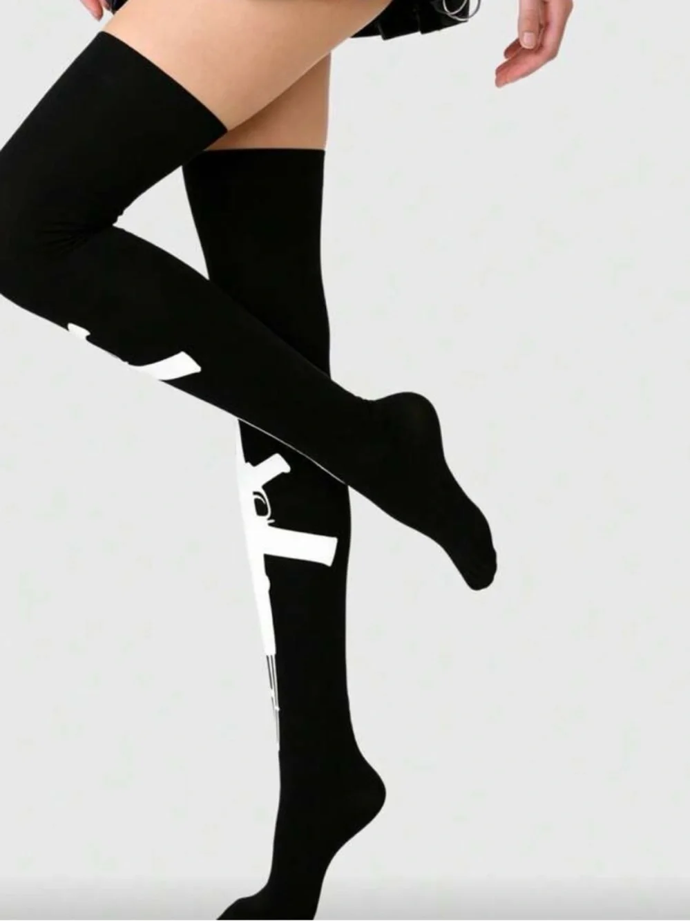 Black Thigh-High Socks with White Gun Graphic